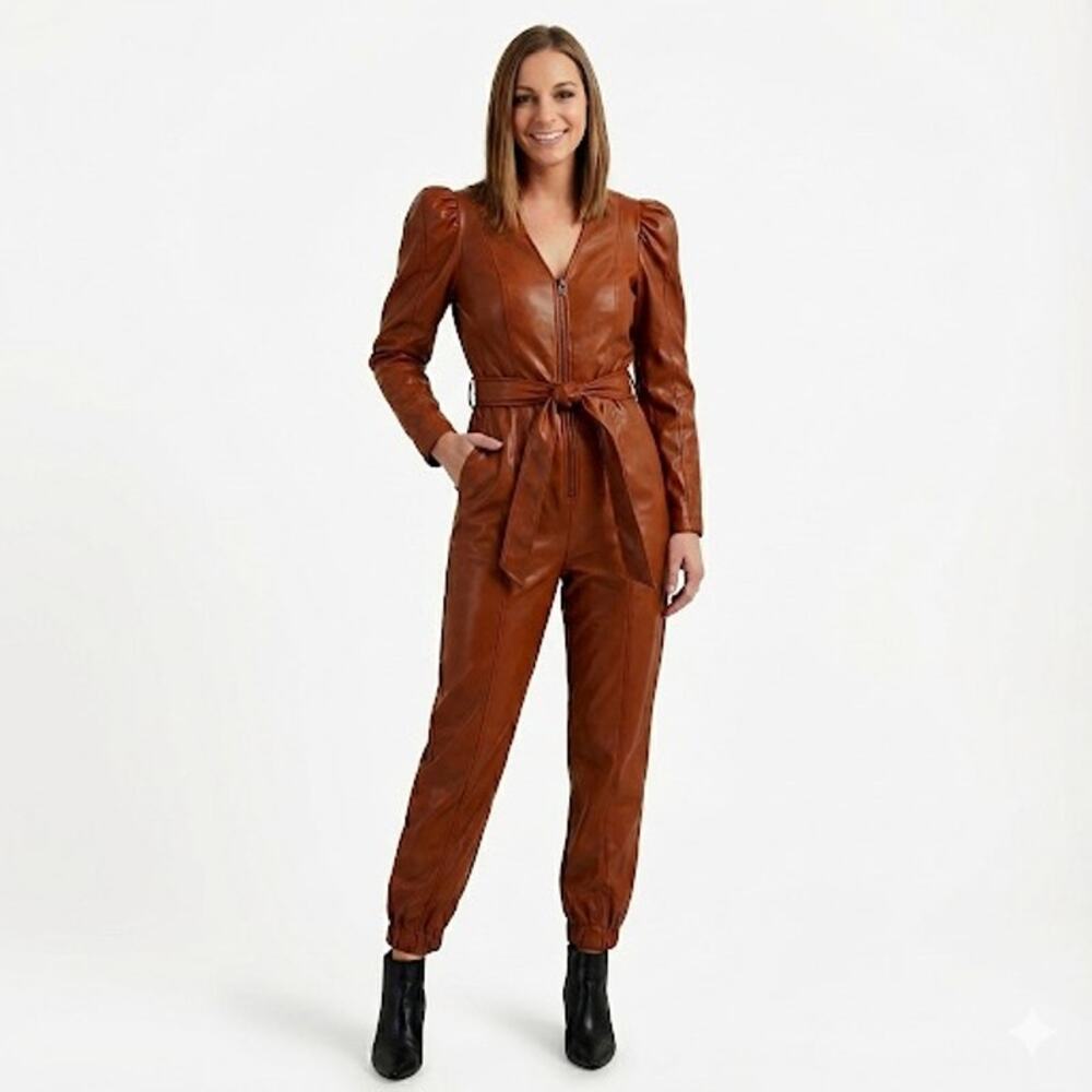 INC Culpos X Puff-Sleeve Faux-Leather Jumpsuit Size Large - Picture 4 of 4